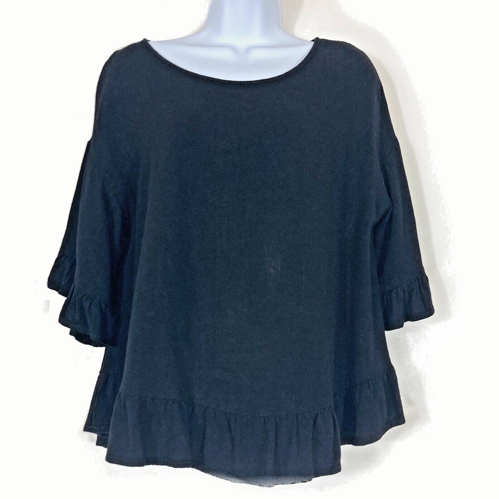 Boho Ruffle Hem Linen Top Drop Shoulder Keyhole Black Bell Sleeves M Feminine